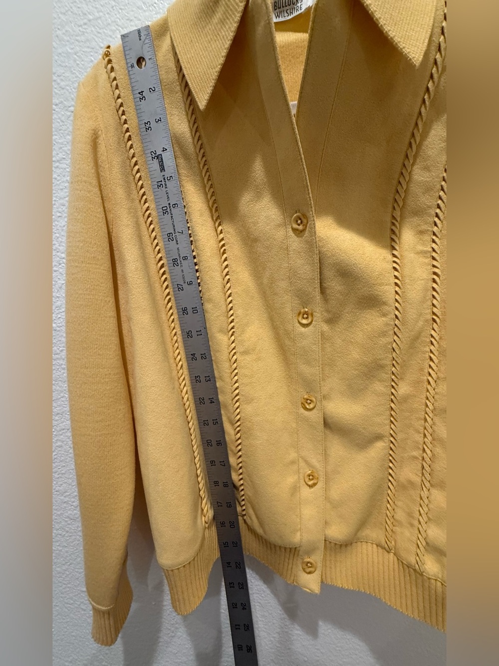 Vintage 80s Bullocks Wilshire cardigan 100% wool yellow knit collar size 34 S-M - Picture 8 of 16